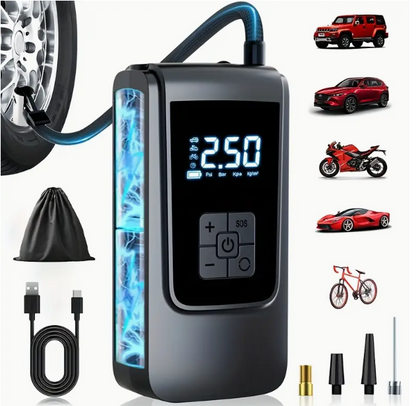 Inflador de neumáticos inalámbrico inteligente: bomba de aire recargable por USB de alta velocidad con pantalla digital y luz LED.