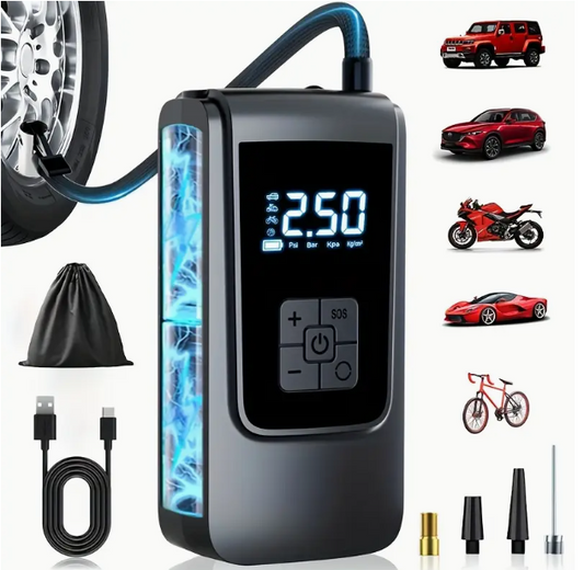 Inflador de neumáticos inalámbrico inteligente: bomba de aire recargable por USB de alta velocidad con pantalla digital y luz LED.